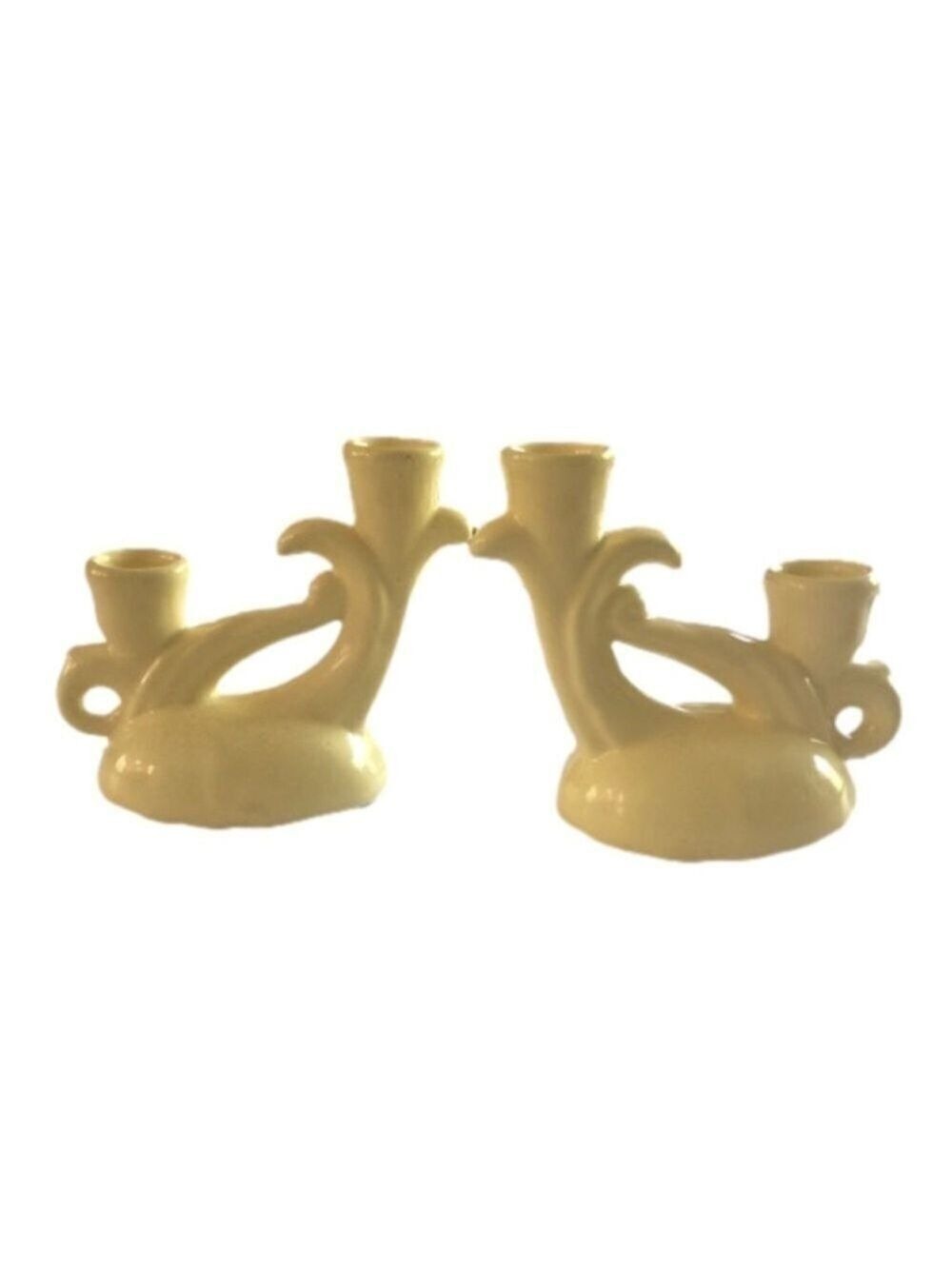 Set of 2 yellow pottery bud vases/candle holders. MCM. Unmarked